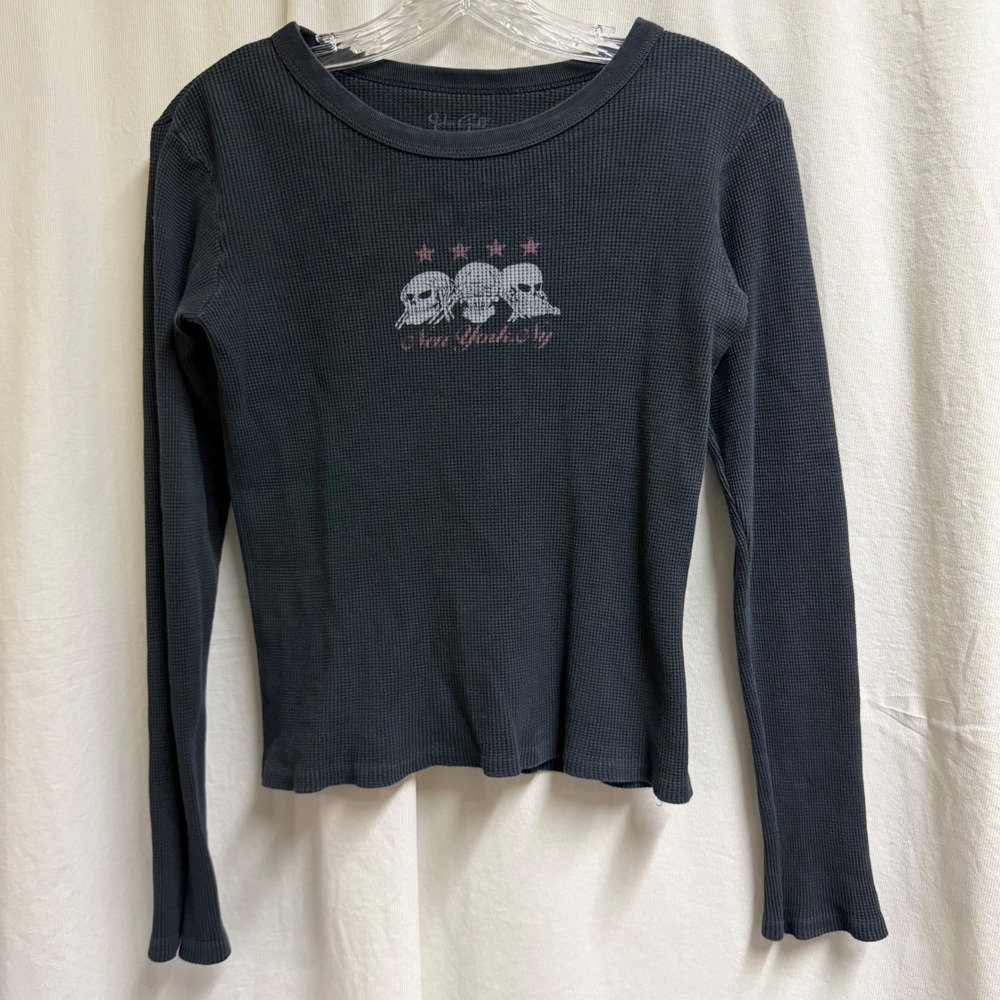 John Galt Brandy Melville Skulls New York City Thermal Waffle Knit Top Grey OS